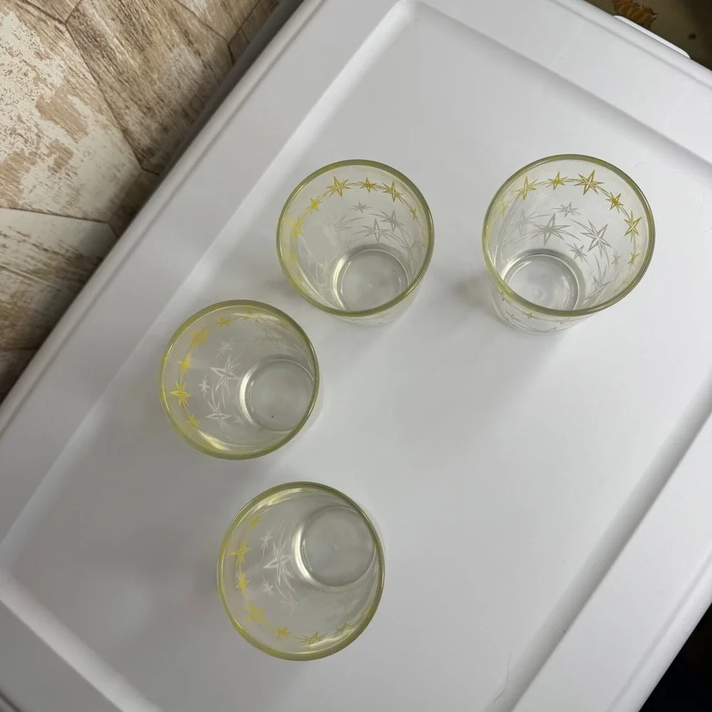 Vintage Hazel Atlas Starburst Glass Tumblers Set of 4 Yellow White Mid Century